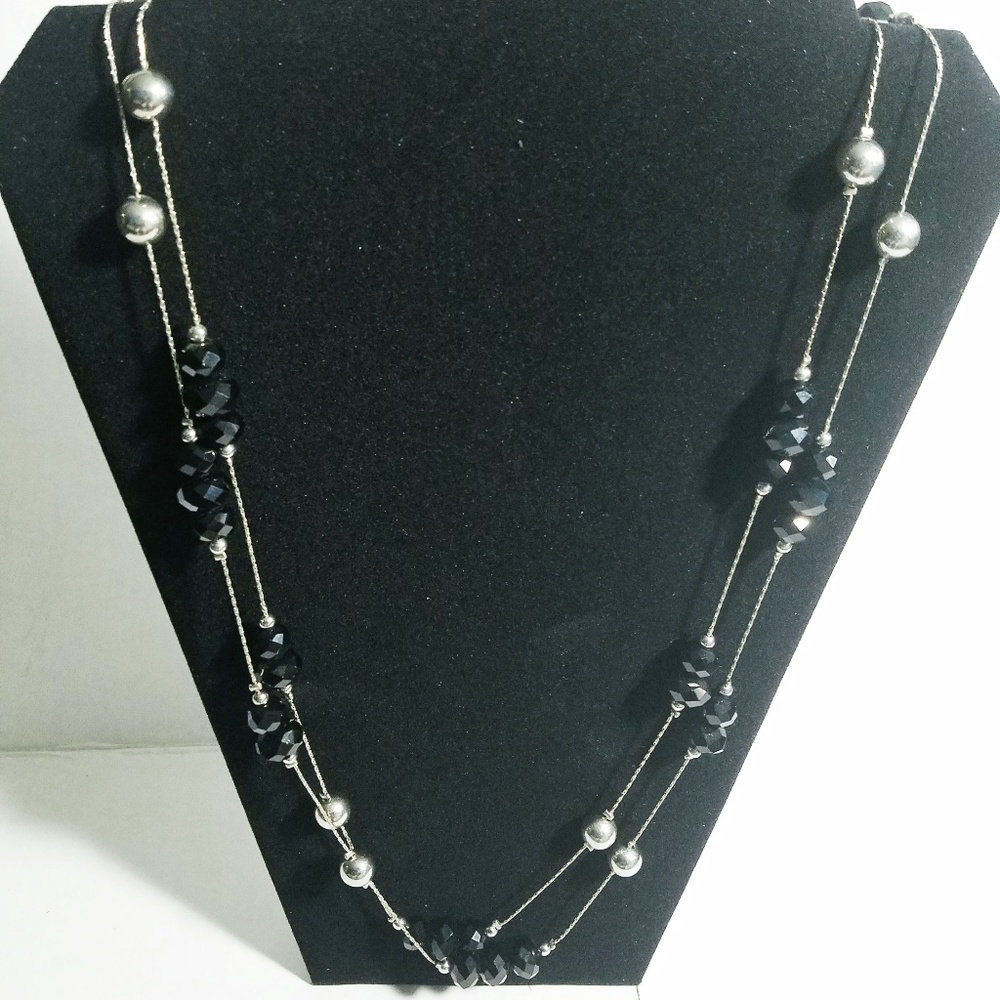 Black and Silver Long Double Strand Necklace